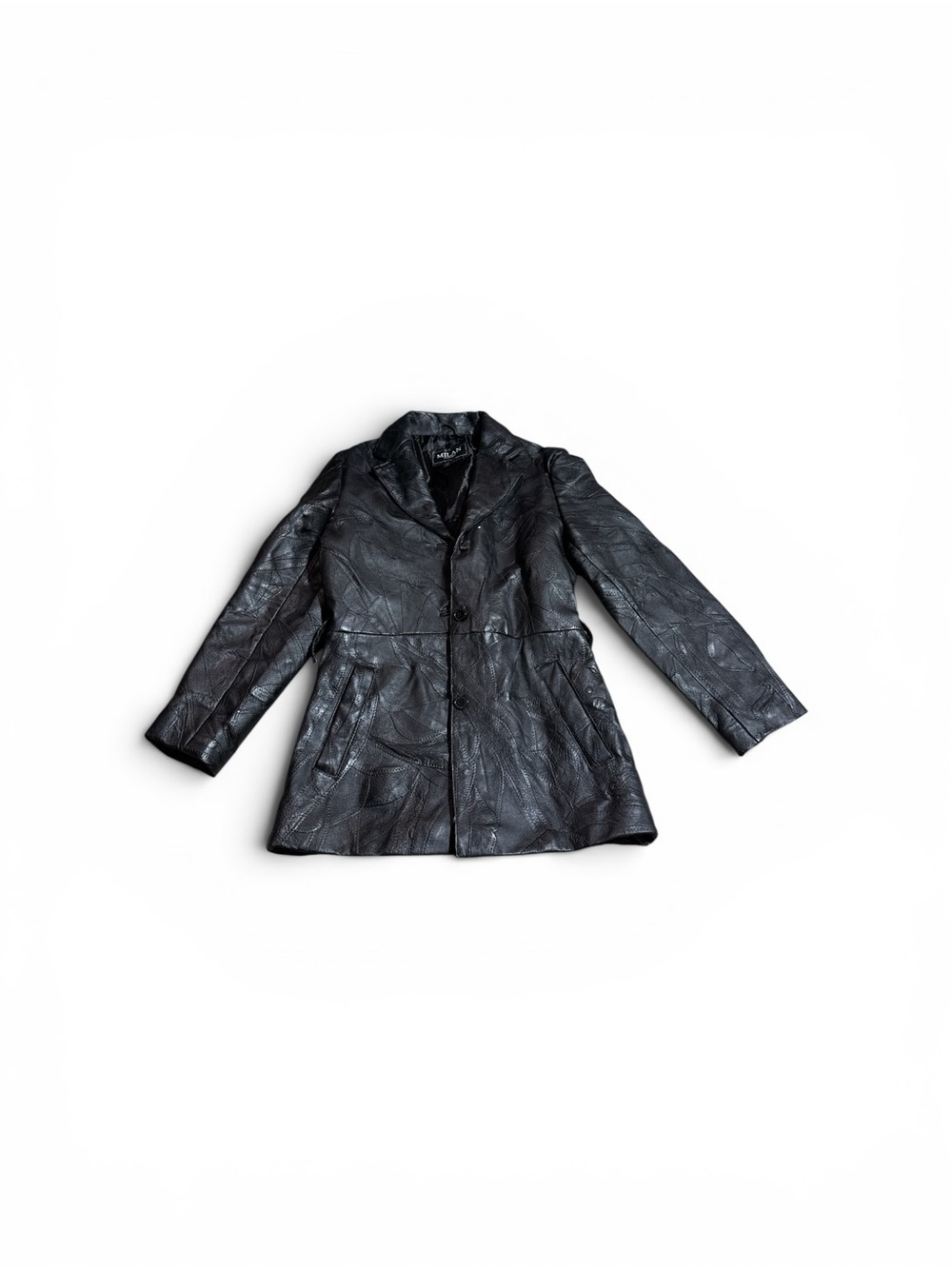 Vintage 1980s 1990s Black Milan Leather Patchwork Belted Midi Jacket Small Med